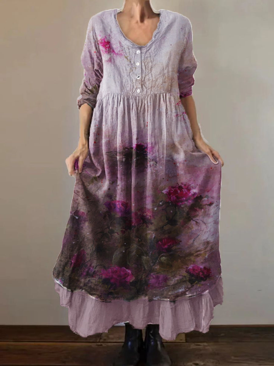 Women's Vintage Distressed Floral Print 3/4 Sleeve Cotton and Linen Double Dress