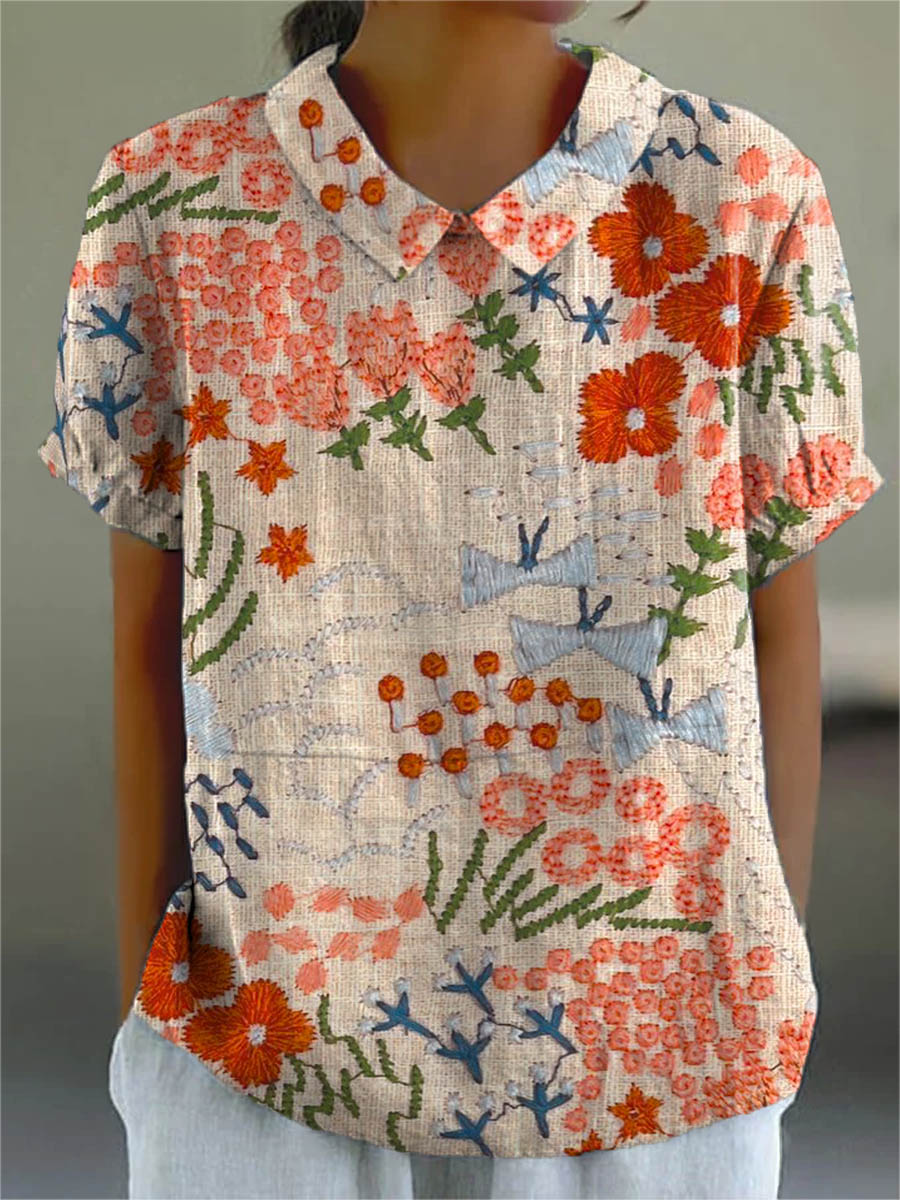 Women's Vintage Floral Cotton Linen Short Sleeve Shirt