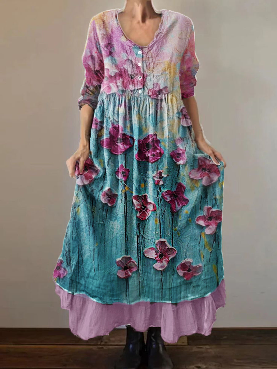 Women's Oil Painting 3D Printed 3/4 Sleeve Cotton and Linen Double-Layer Dress