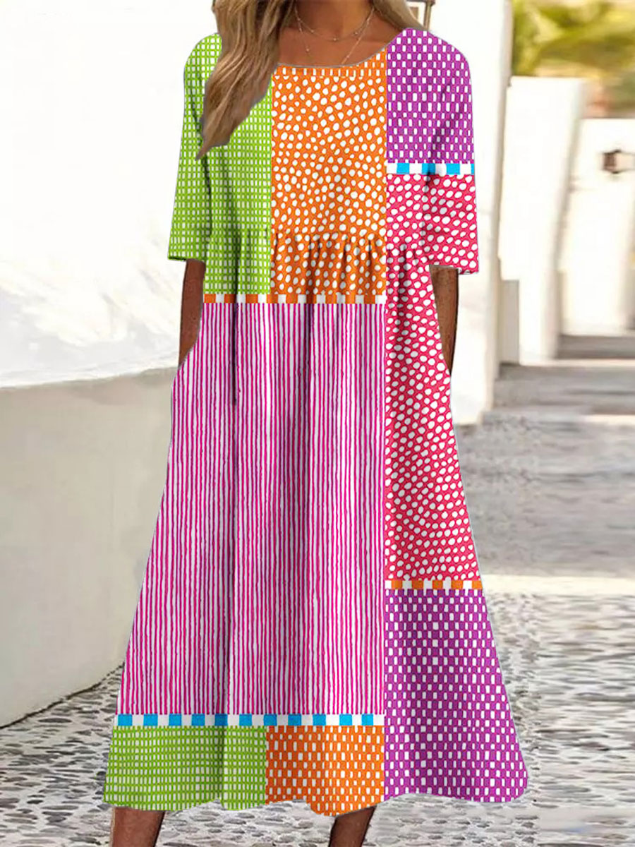 Women's Vintage Abstract Geometric Color Block Line Art Print Pocket Cotton Dress