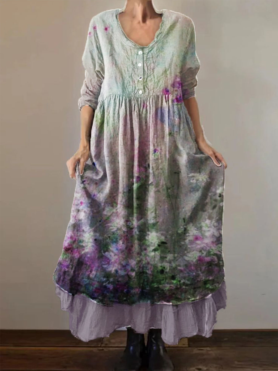 Women's Vintage Distressed Floral Print 3/4 Sleeve Cotton and Linen Double Dress