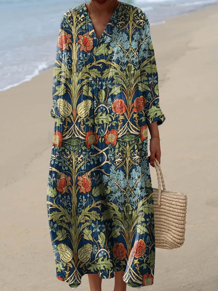 Women's Vintage Floral Art Print Cotton Dress