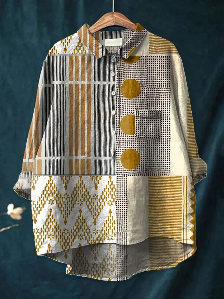 Women's Abstract Geometric Pattern Art Print Casual Cotton And Linen Shirt