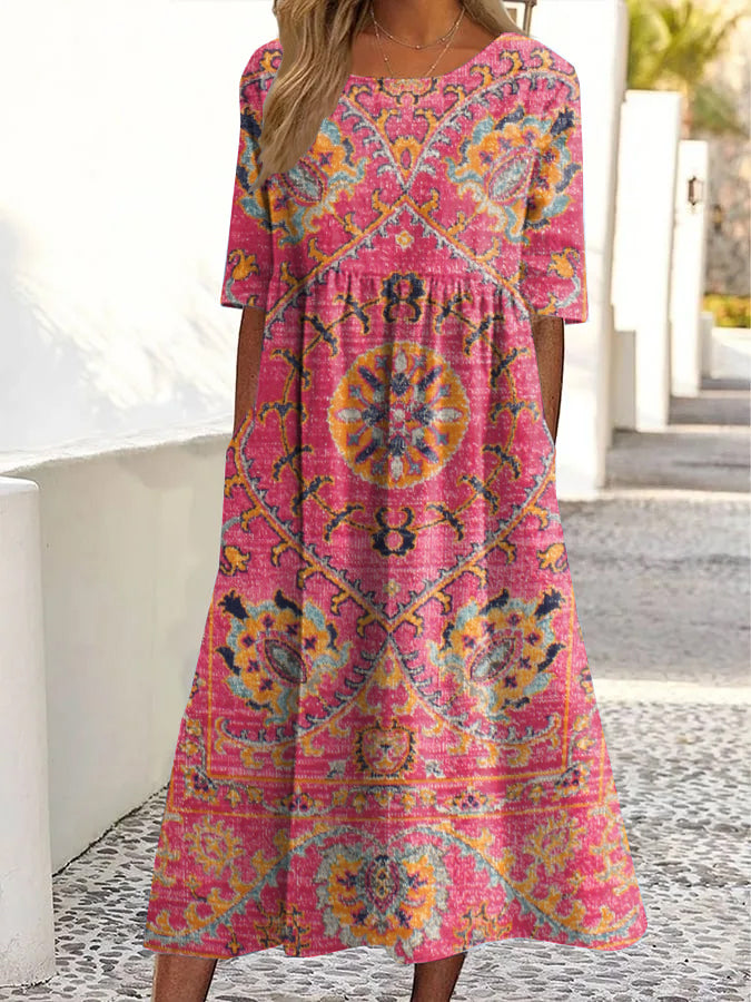 Women's Vintage Ethnic Floral Print Round Neck Pocket Dresses