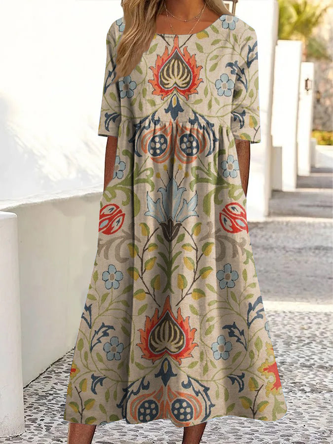 Women's Vintage Ethnic Floral Print Round Neck Pocket Dresses