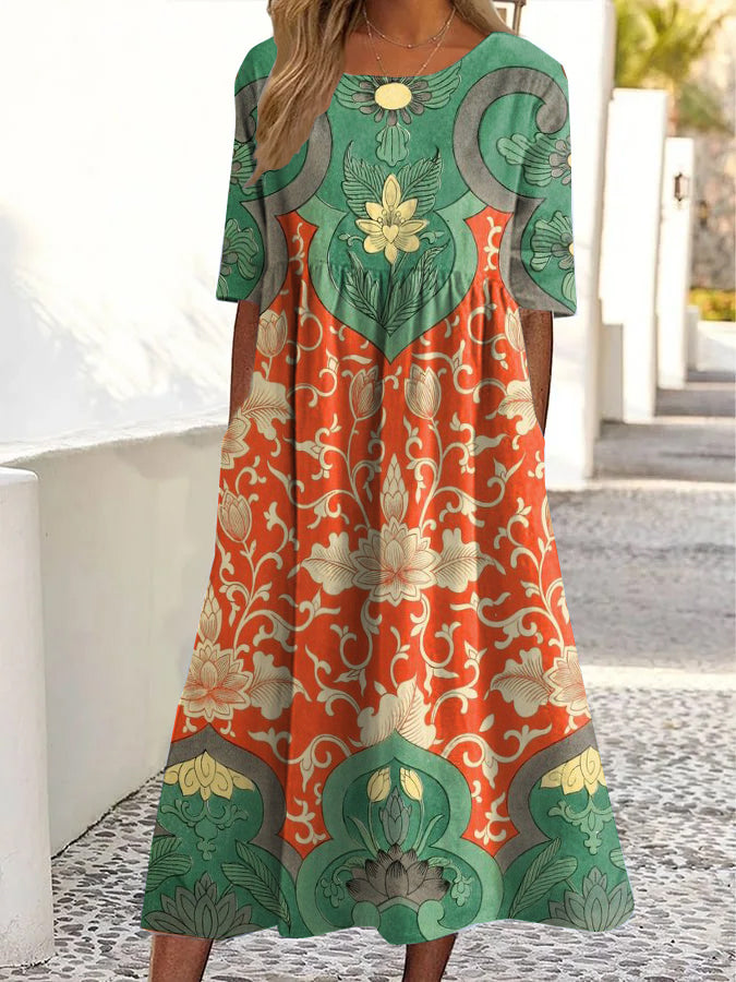 Women's Vintage Floral Print Round Neck Pocket Dress