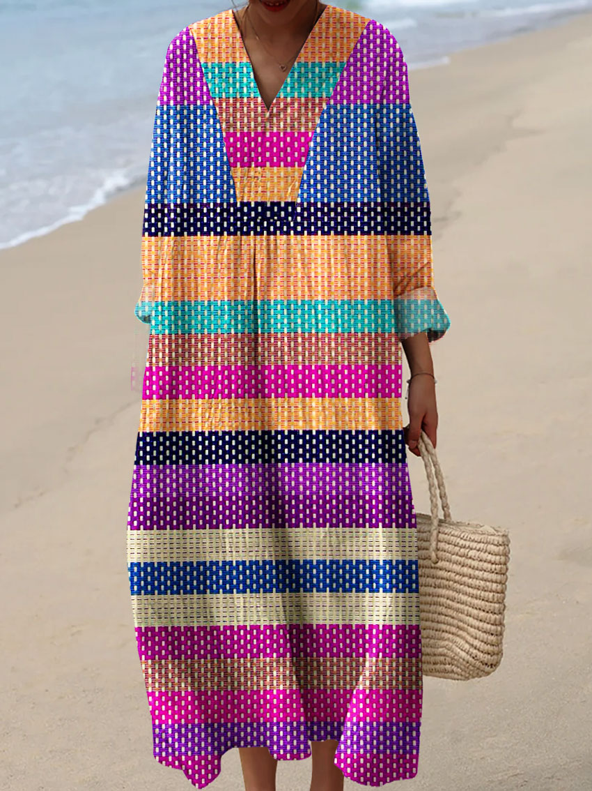 Women's Vintage Abstract Geometric Color Block Line Art Print Dress