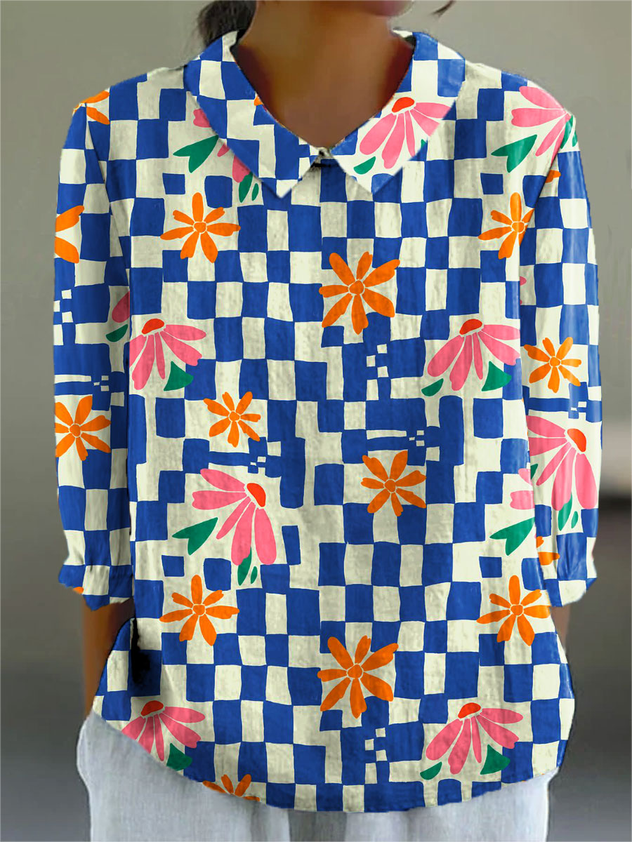 Women's Colorful Plaid Floral Art Print Casual Cotton And Linen 3/4 Sleeve Shirt