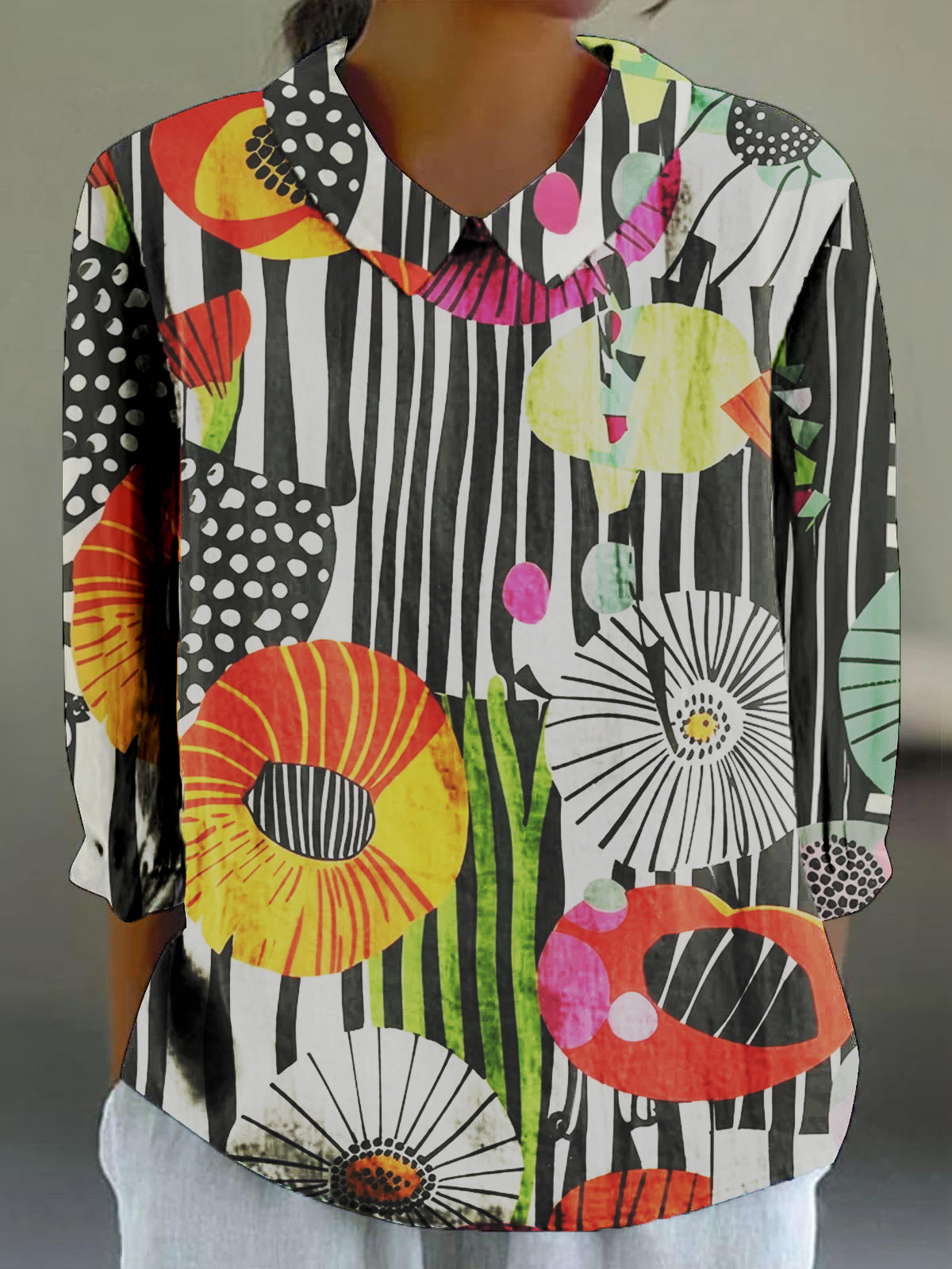 Women's Colorful Linoleum Art Print 3/4 Sleeve Shirt