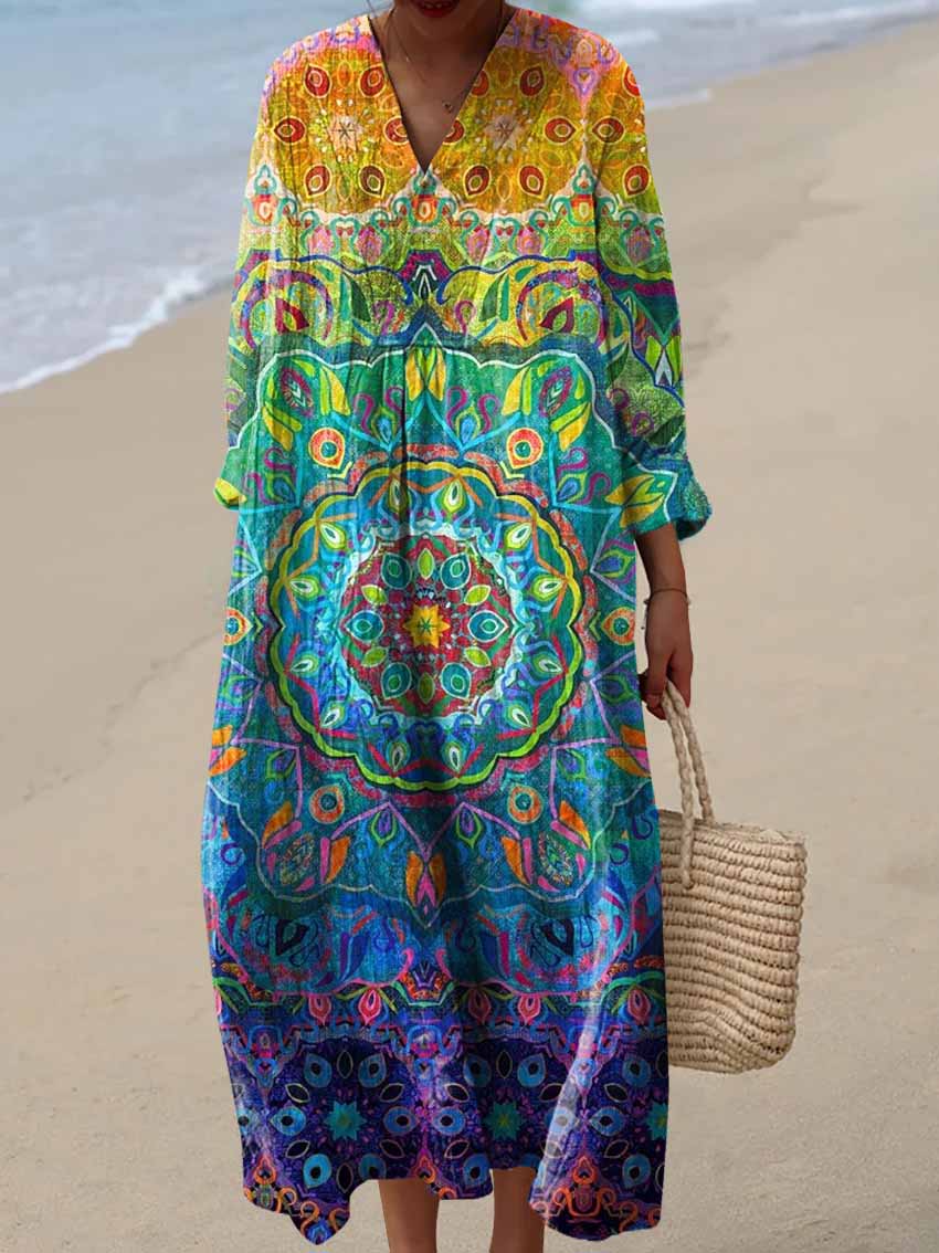 Women's Vintage Floral Art Print Cotton Dress