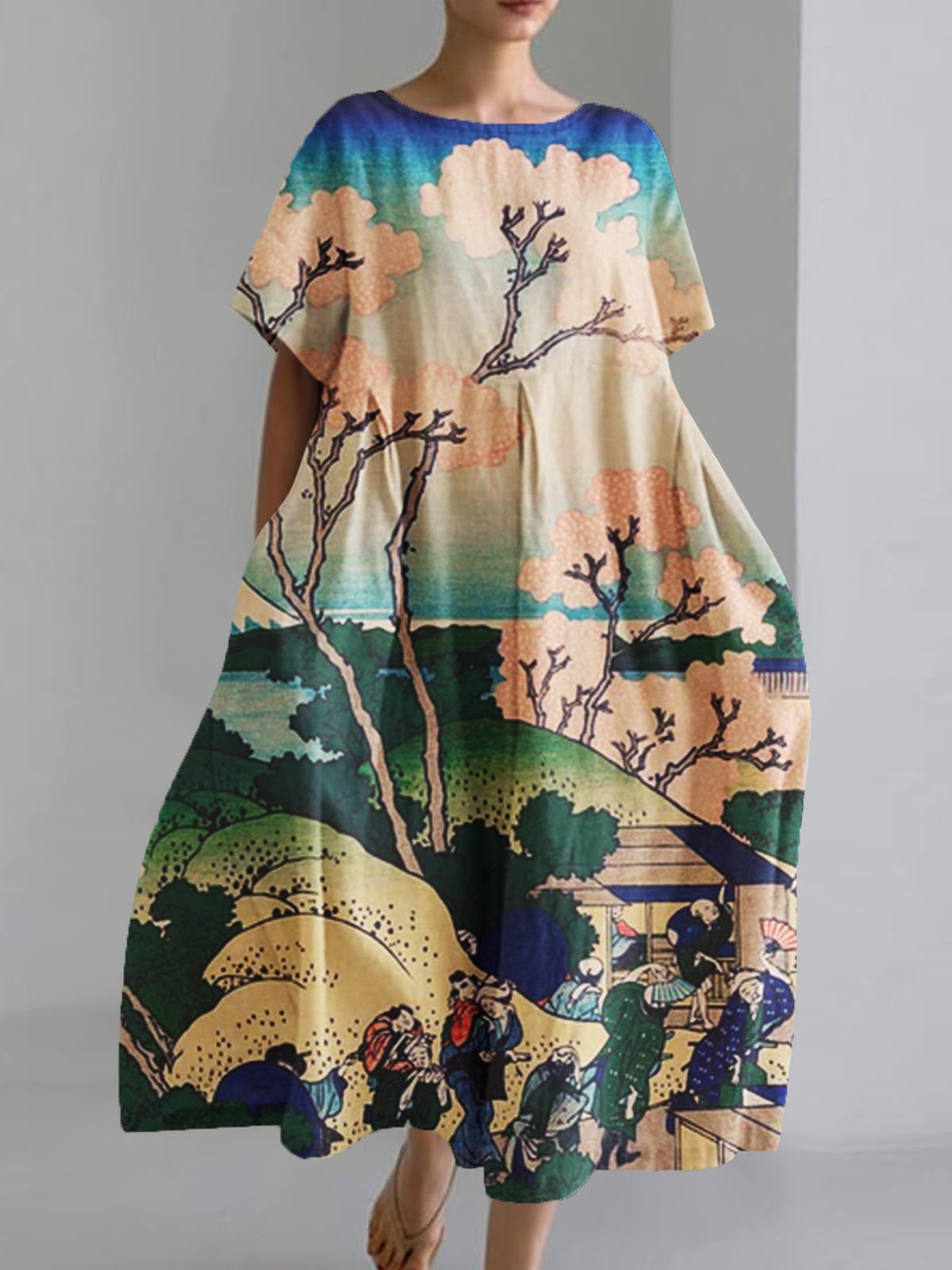 Women's Japanese Art Print Loose Casual Short Sleeve Dresses