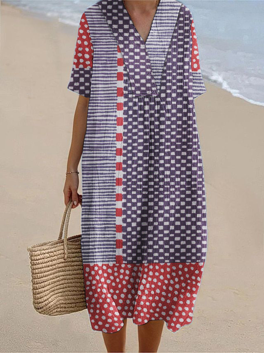 Women's Vintage Floral Printed Cotton Linen Short Sleeve Dress