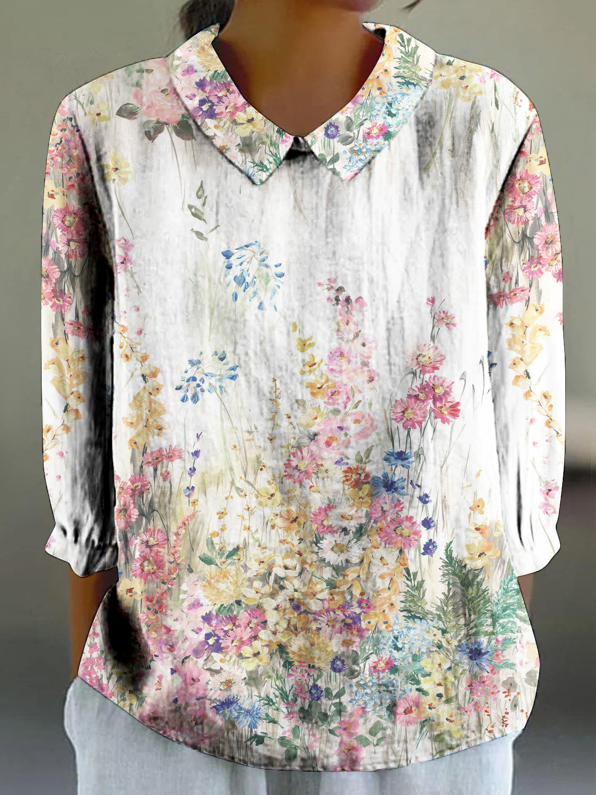 Women's Colorful Floral Print 3/4 Sleeve Shirt