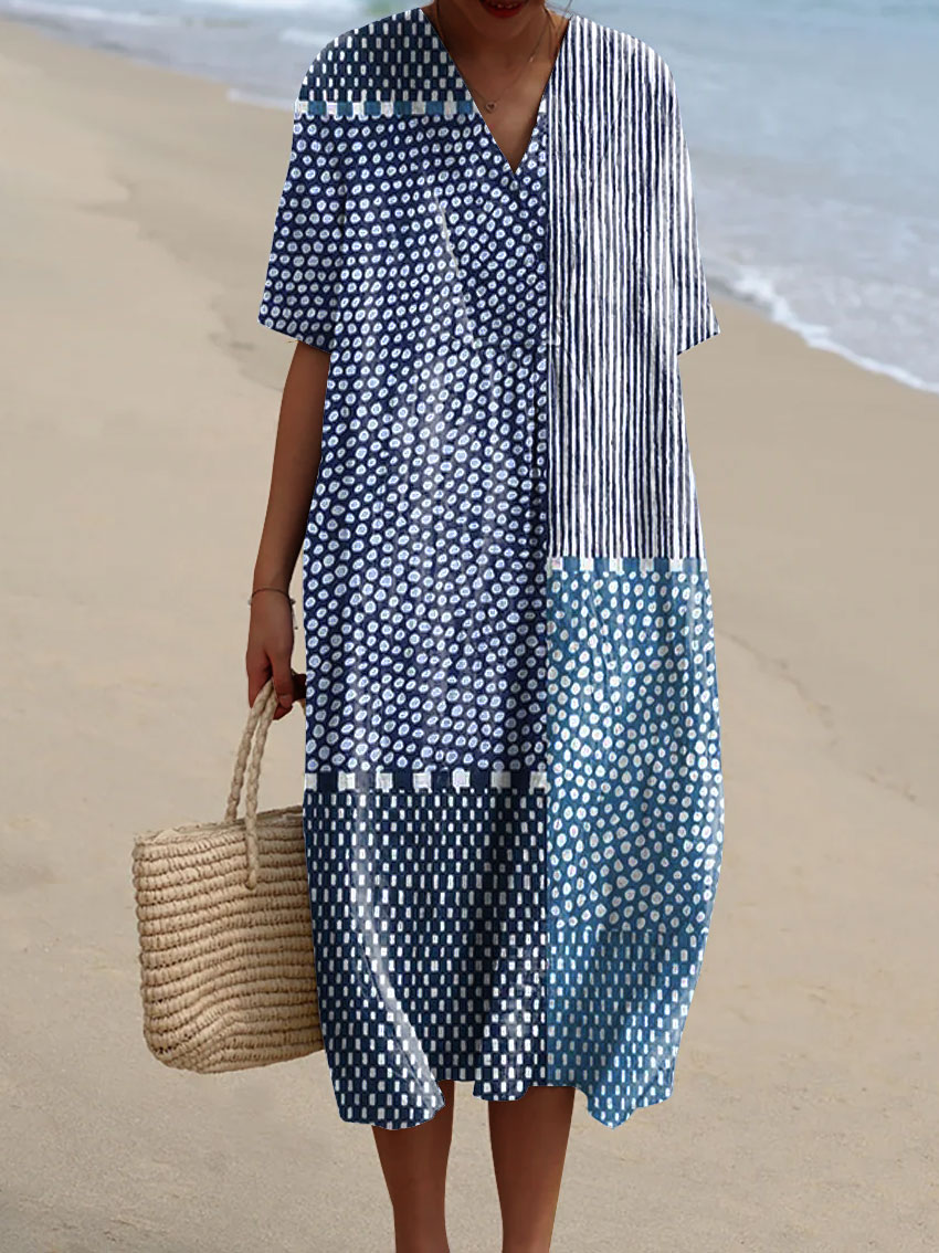 Women's Retro Polka Dot Stripe Art Print Flowy Dress