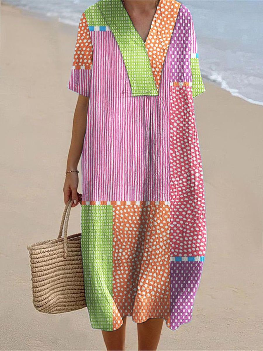 Women's Vintage Floral Printed Cotton Linen Short Sleeve Dress