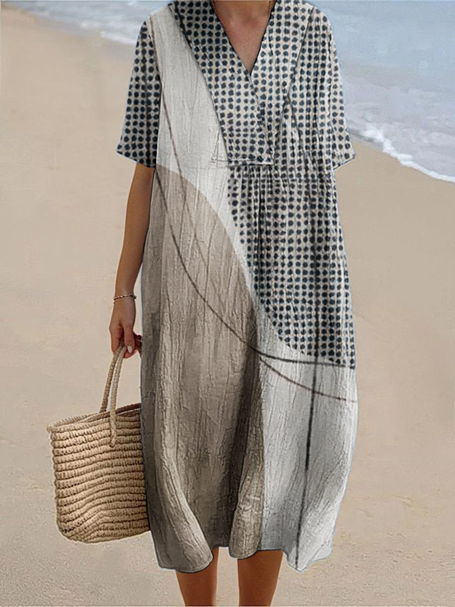 Women's Geometric Art Print Cotton Linen Short Sleeve Dress