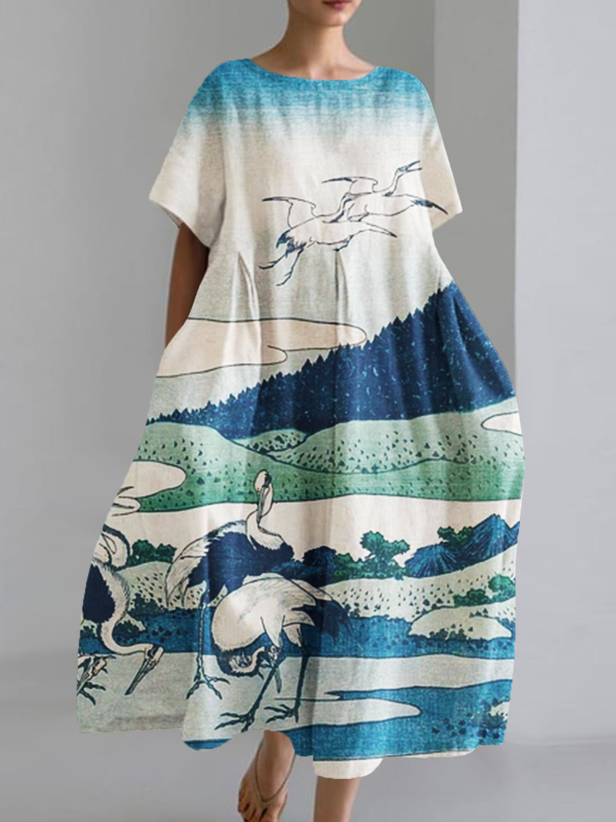 Women's Japanese Art Print Loose Casual Short Sleeve Dresses
