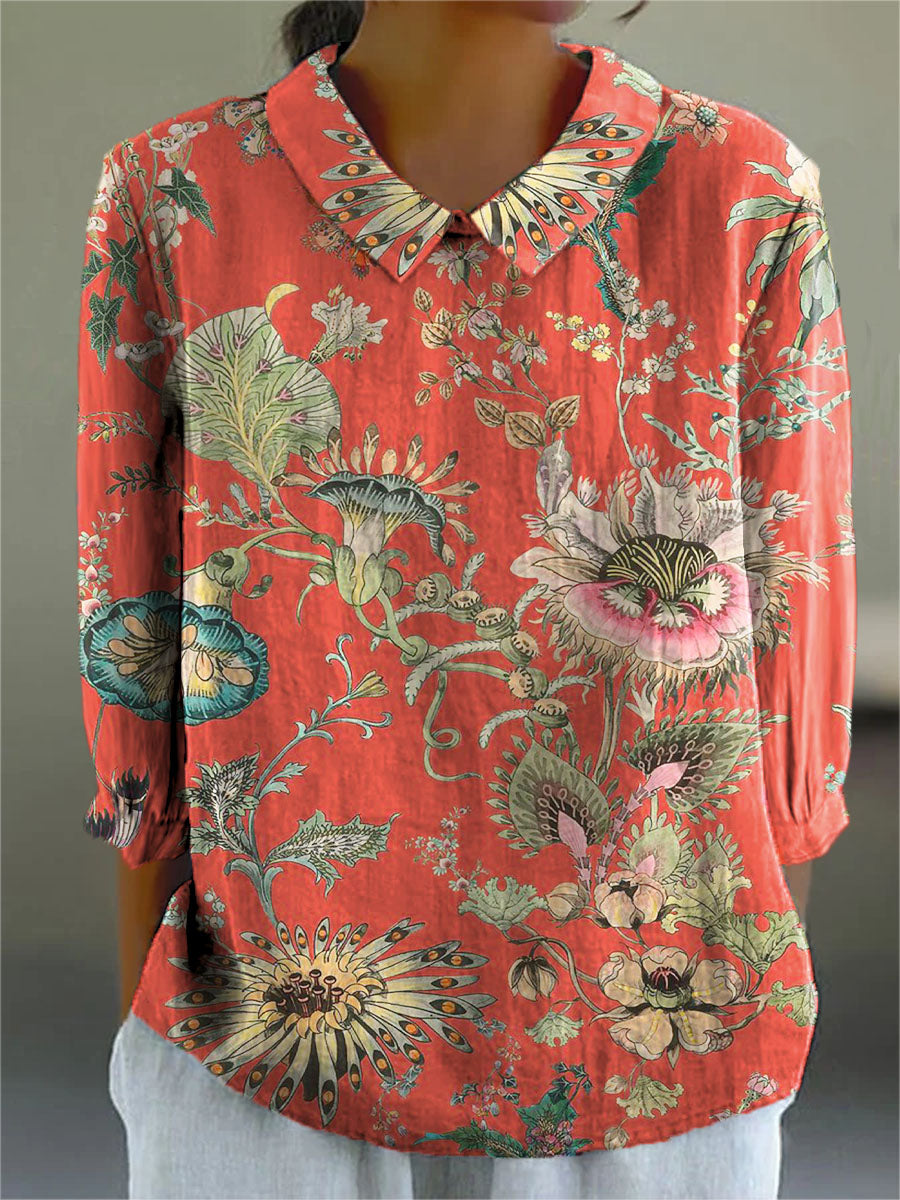 Women's Vintage Lovely Floral Art Print Casual Cotton And Linen 3/4 Sleeve Shirt