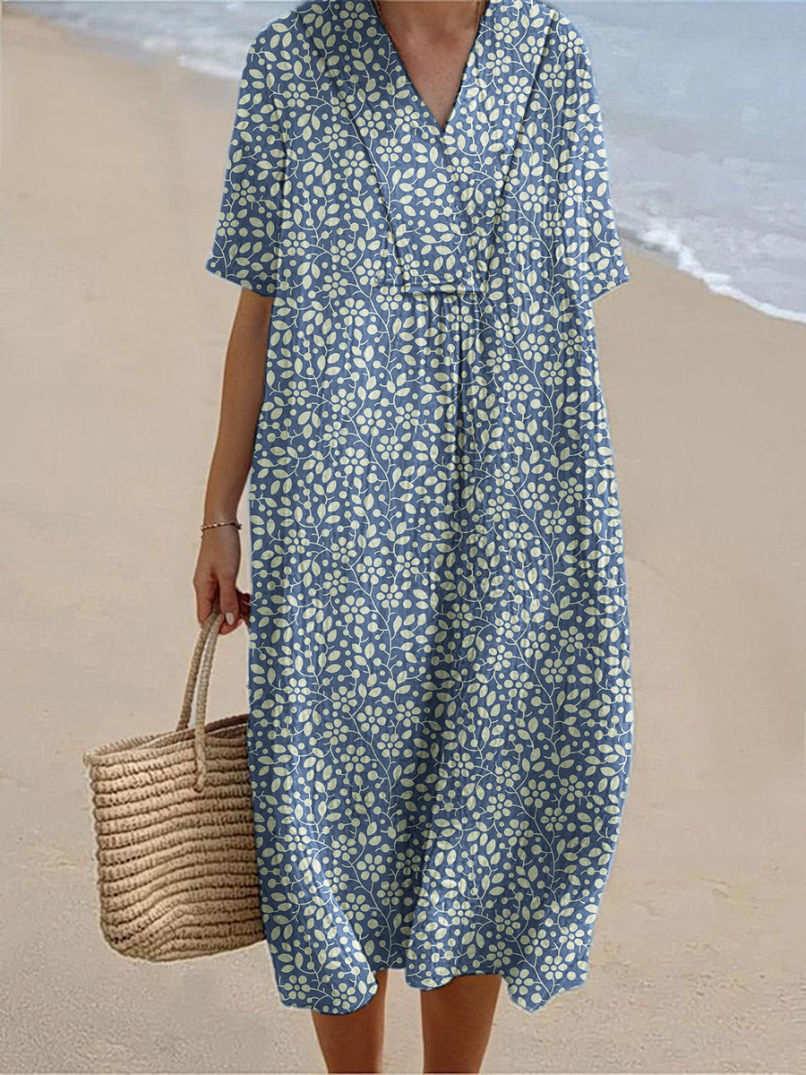 Women's Geometric Art Print Cotton Linen Short Sleeve Dress