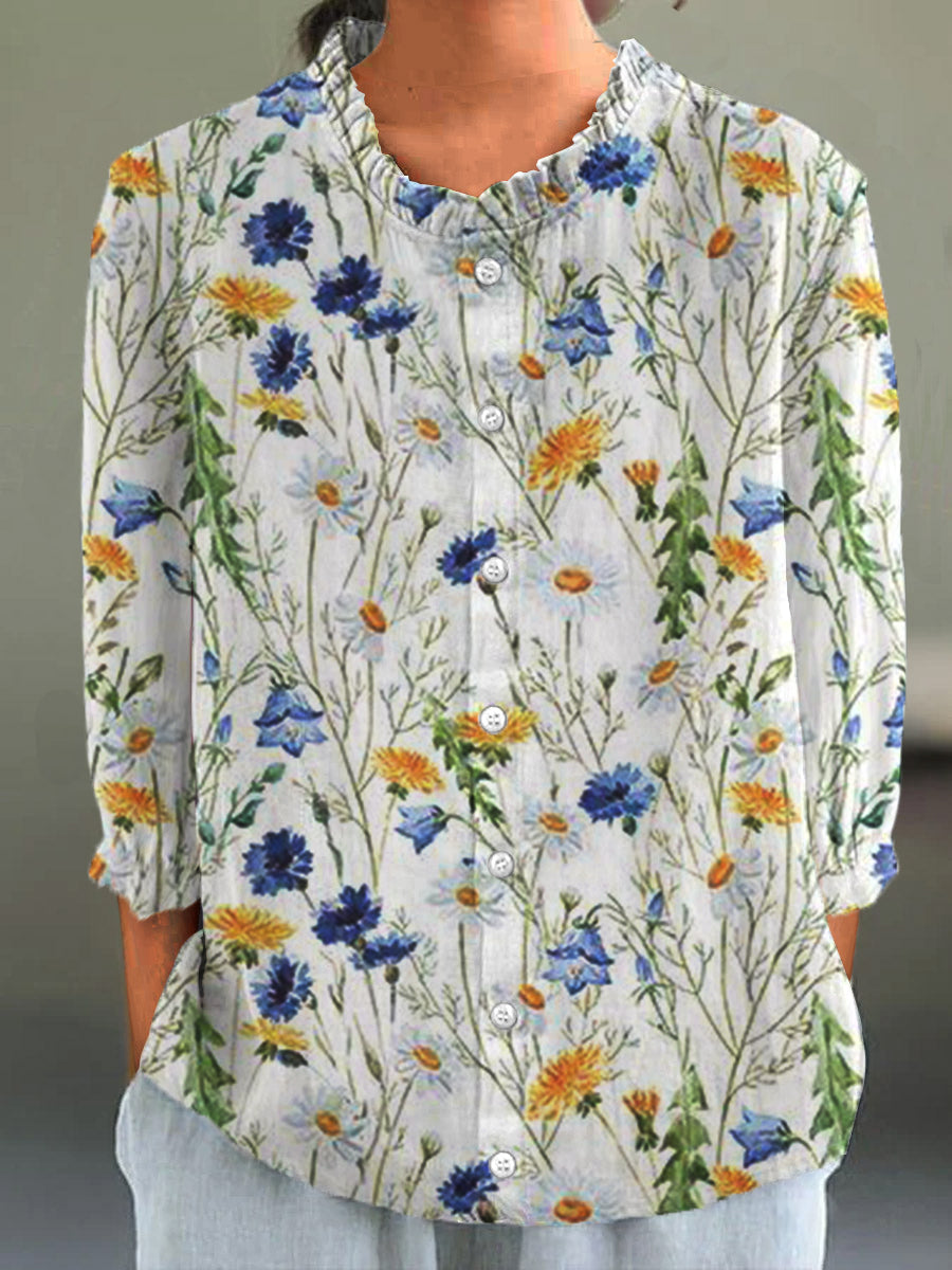 Women's Vintage Floral Art Print 3/4 Sleeve Shirt