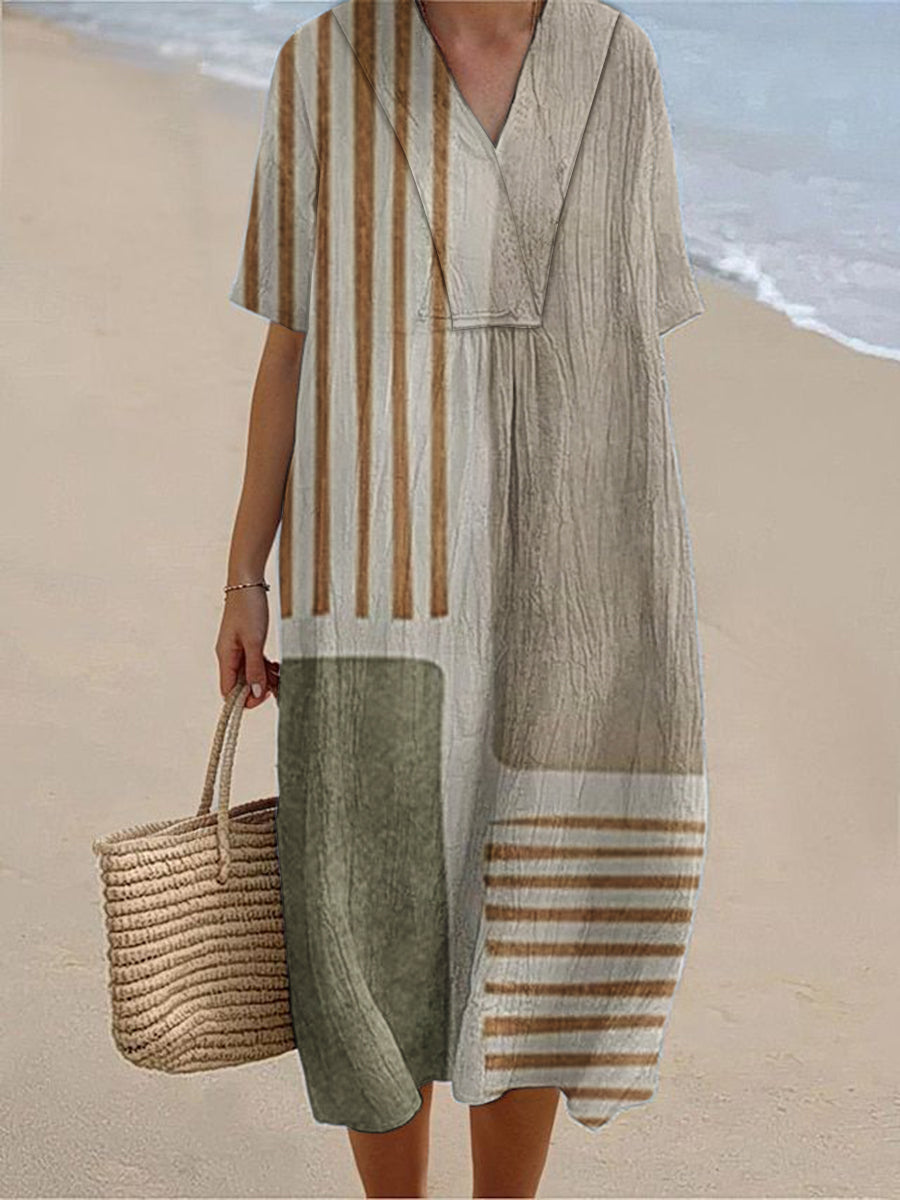 Women's Geometric Art Print Cotton Linen Short Sleeve Dress
