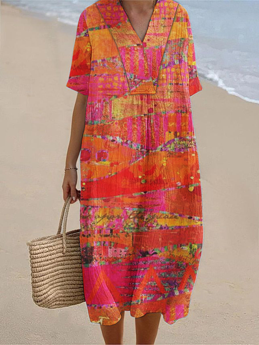 Women's Geometric Art Print Cotton Linen Short Sleeve Dress