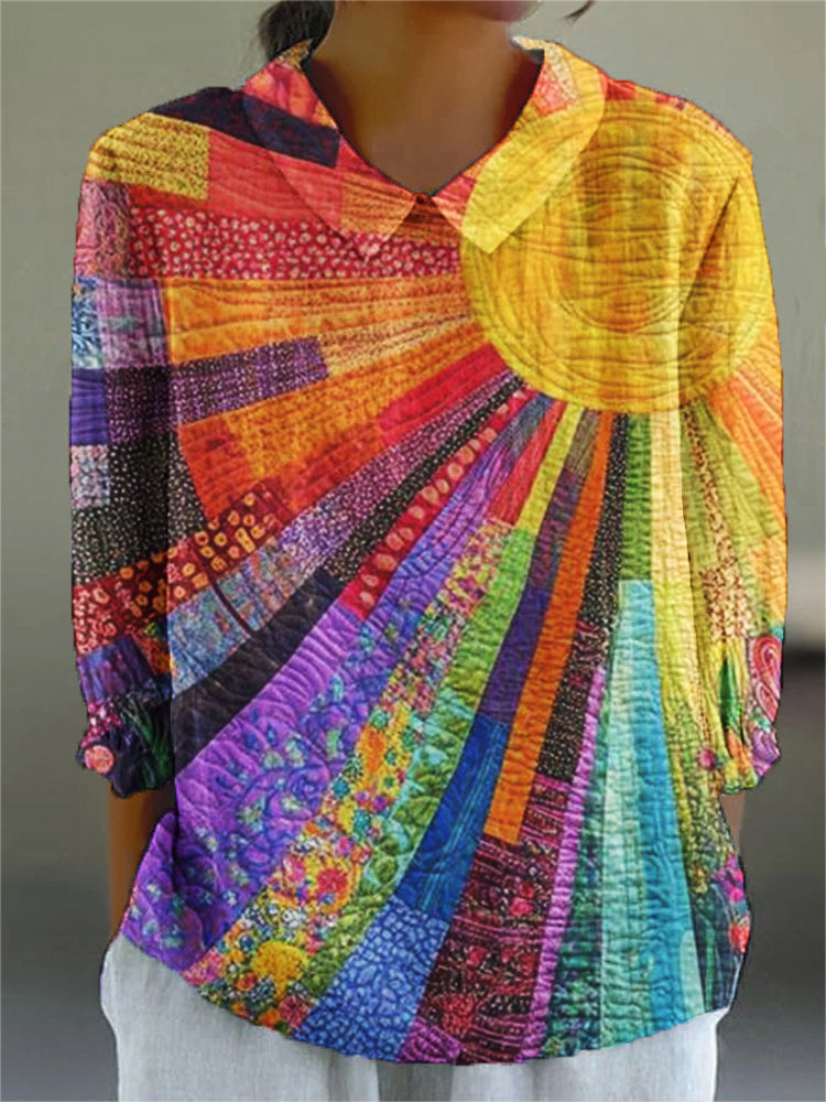 Women's Vintage Art Print Casual Cotton And Linen 3/4 Sleeve Shirt