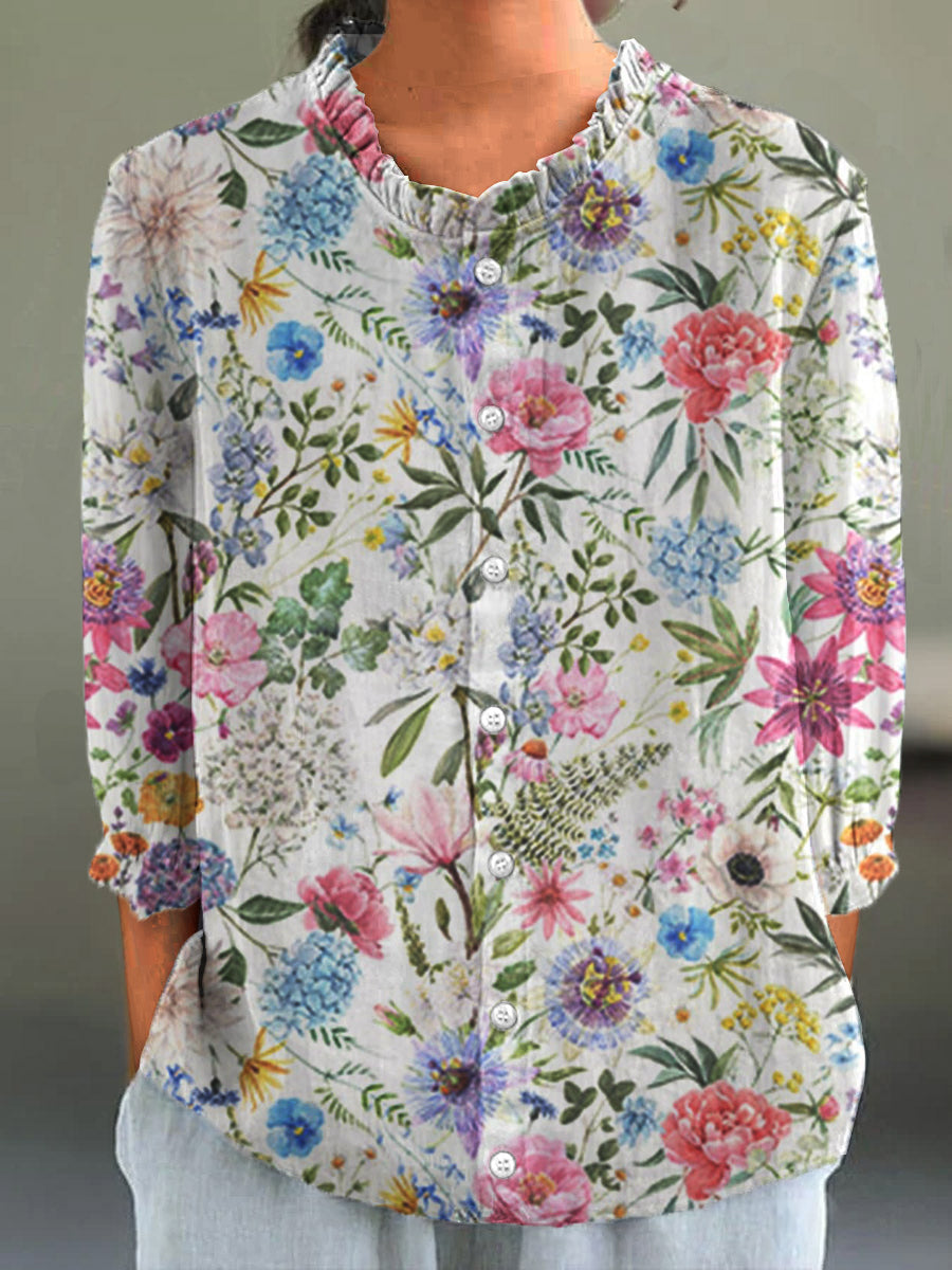 Women's Vintage Floral Art Print 3/4 Sleeve Shirt