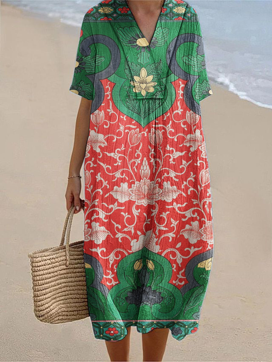 Women's Vintage Printed Cotton Linen Short Sleeve Dress
