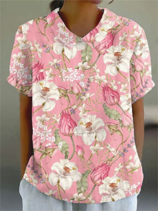 Women's Vintage Floral Art Print Cotton Linen Short Sleeve Shirt