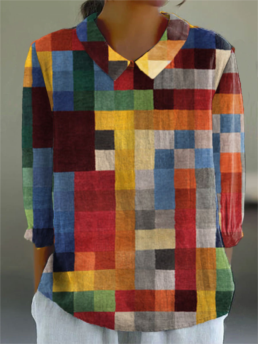 Women's Abstract Geometric Pattern Art Print Casual Cotton And Linen 3/4 Sleeve Shirt