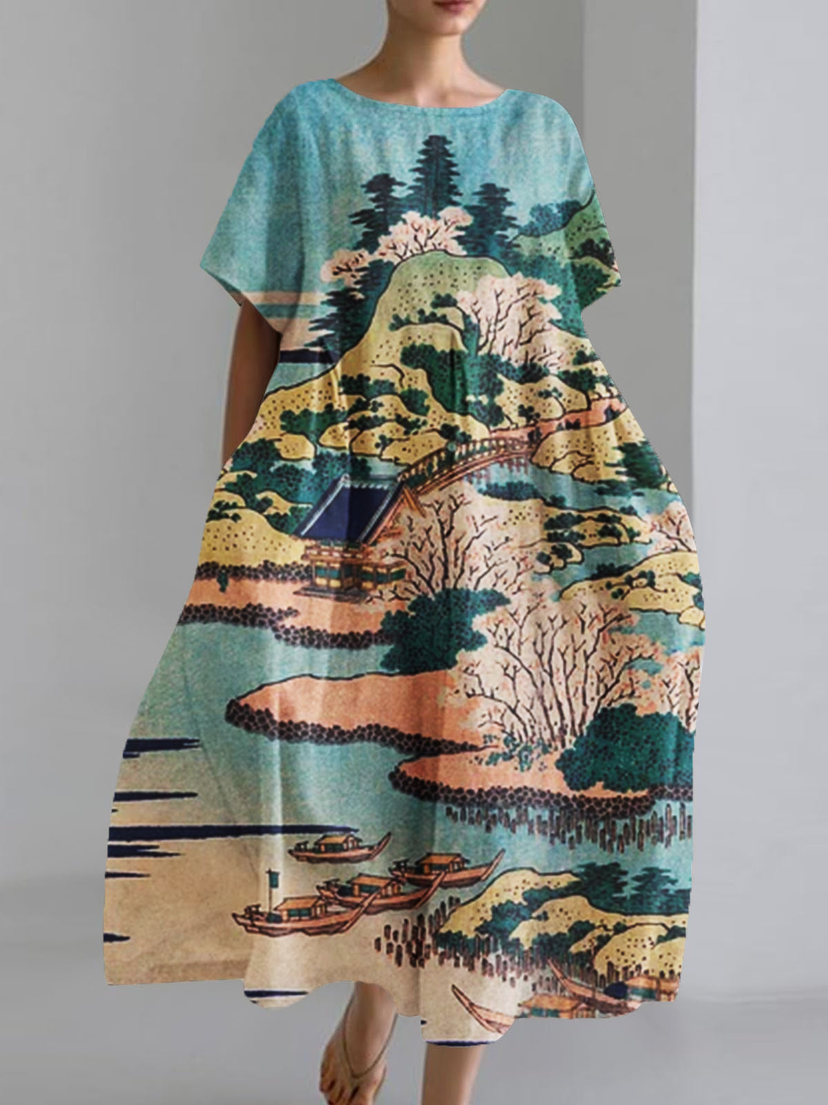 Women's Japanese Art Print Loose Casual Short Sleeve Dresses