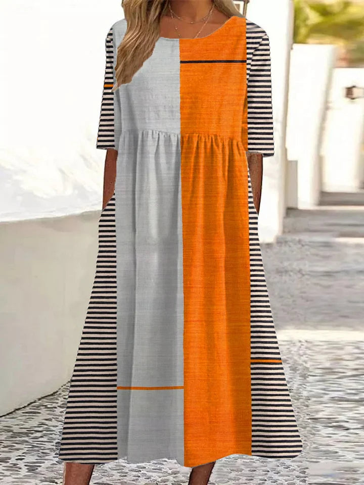 Women's Vintage Printed Cotton Linen Short Sleeve Dress
