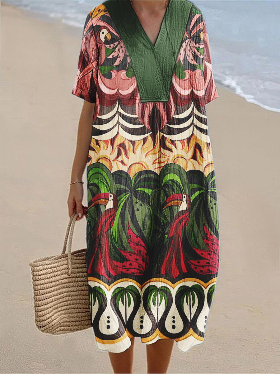 Women's Copatucano Art Printed Cotton Linen V-Neck Short Sleeve Dress