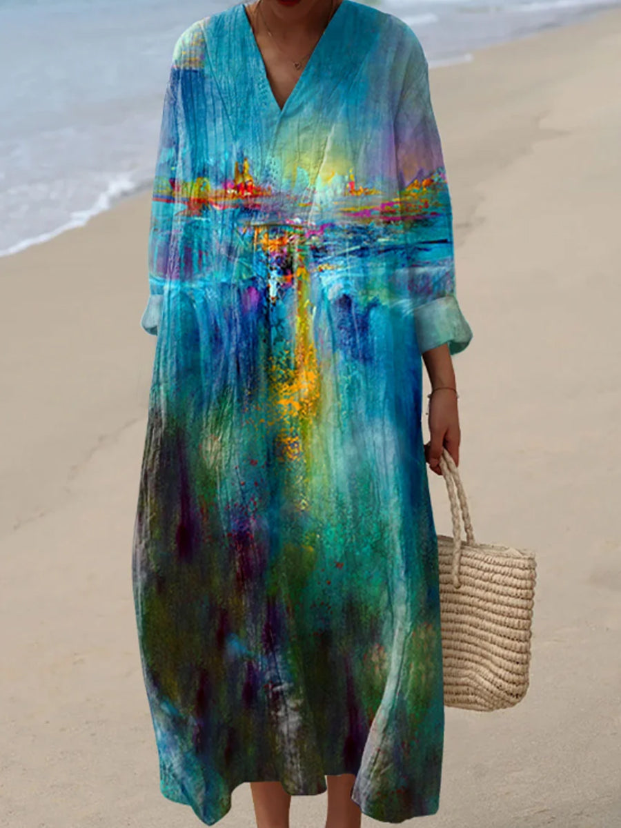 Women's Vintage Abstract Waterfall Painting Art Print Casual Dress