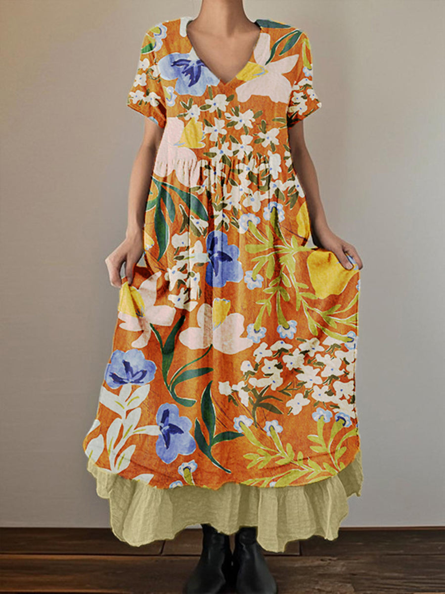 Women's Floral Art Print V-Neck Short Sleeve Cotton Linen Double Layer Dress