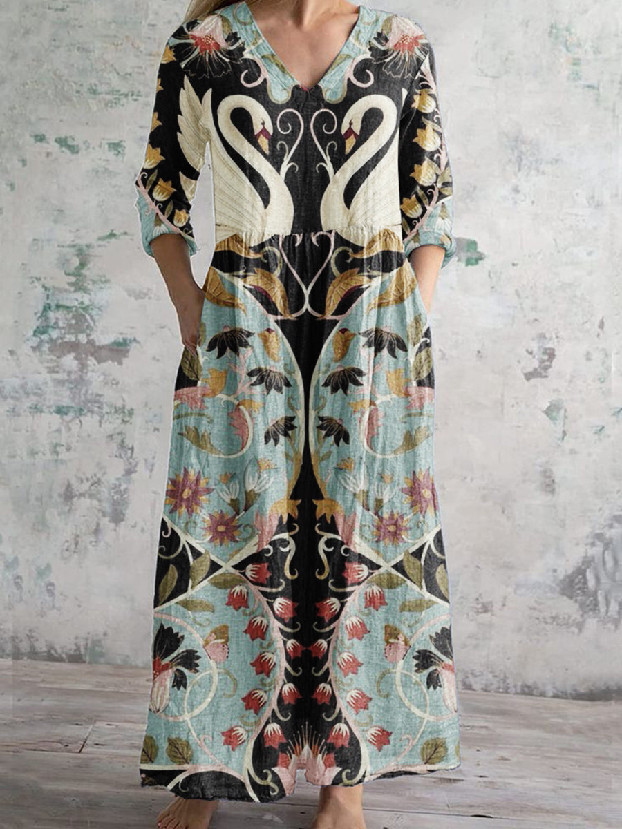 Women's Copatucano Art Print Cotton Linen V-Neck 3/4 Sleeve Pocket Dress