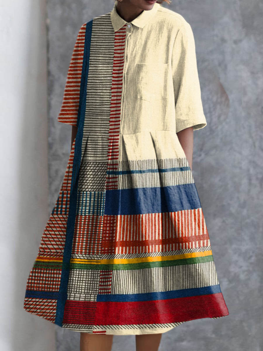 Women's Abstract Geometric Line Pattern Print Pocket Cotton Dress