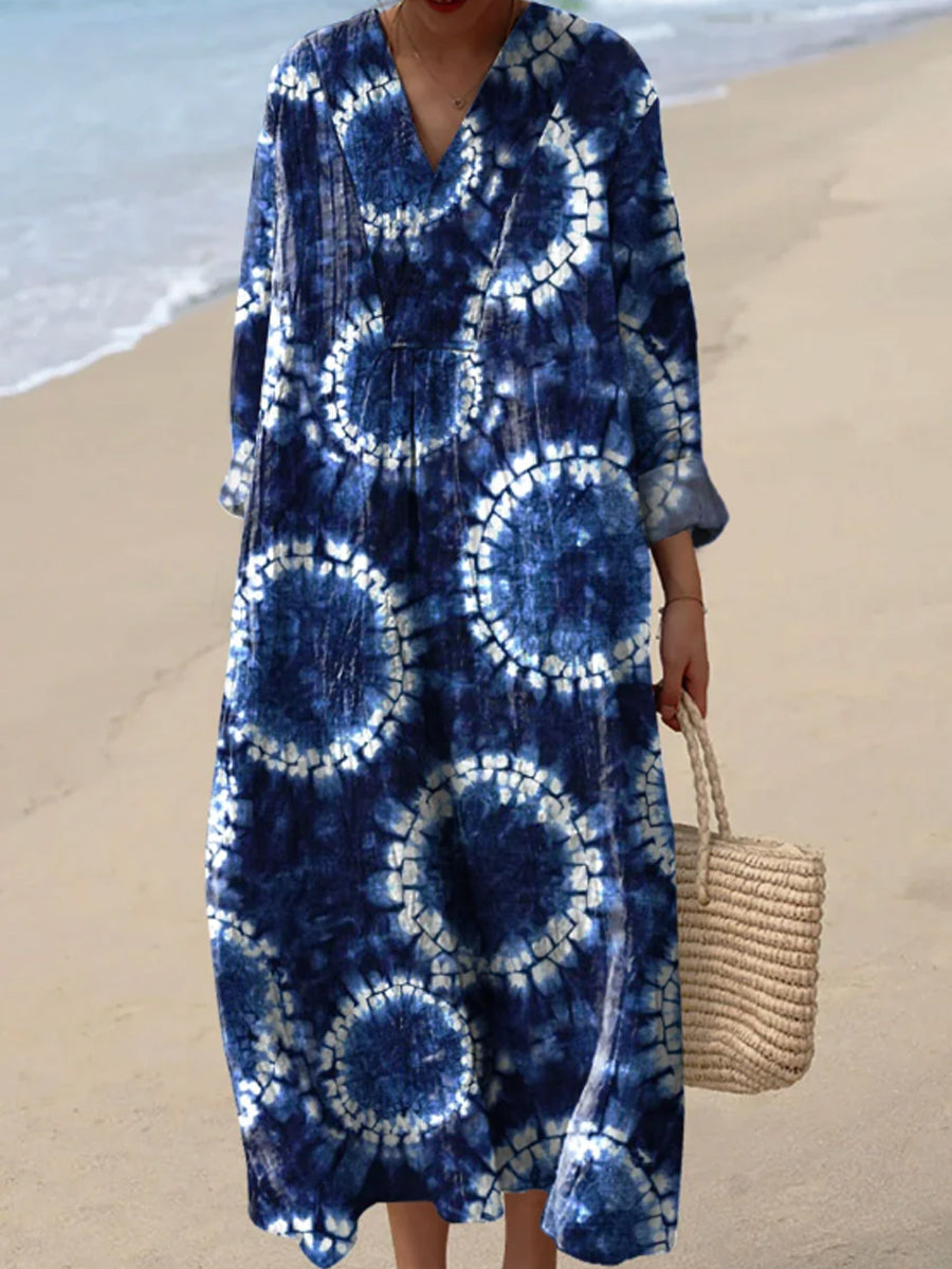 Women's Vintage Indigo Dyeing Art Print Dress