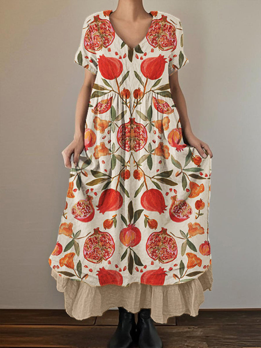 Women's Floral Art Print V-Neck Short Sleeve Cotton Linen Double Layer Dress