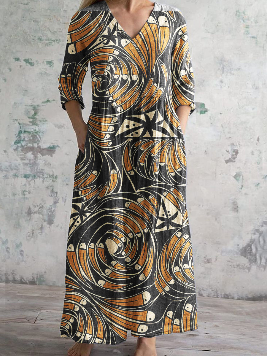 Women's Copatucano Art Print Cotton Linen V-Neck 3/4 Sleeve Pocket Dress
