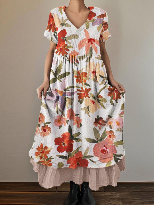 Women's Floral Art Print V-Neck Short Sleeve Cotton Linen Double Layer Dress