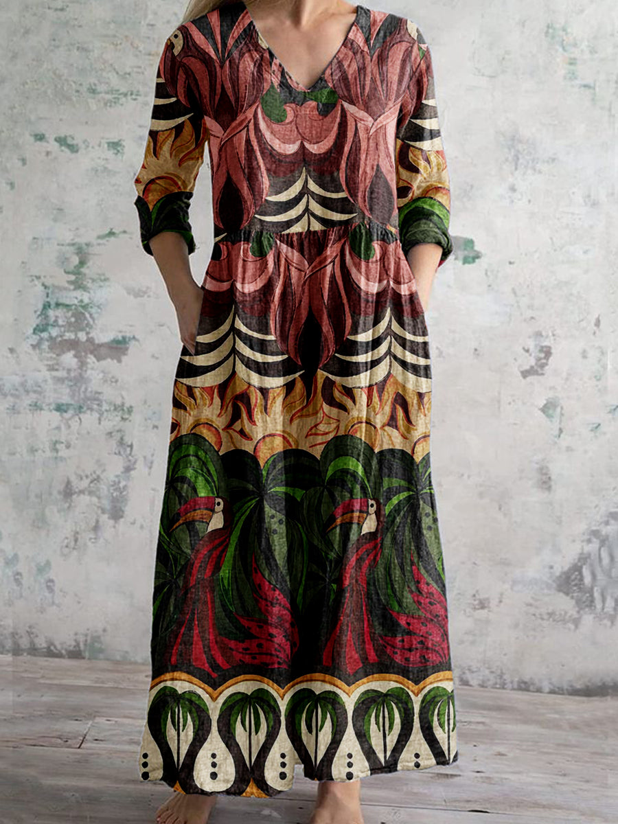Women's Copatucano Art Print Cotton Linen V-Neck 3/4 Sleeve Pocket Dress