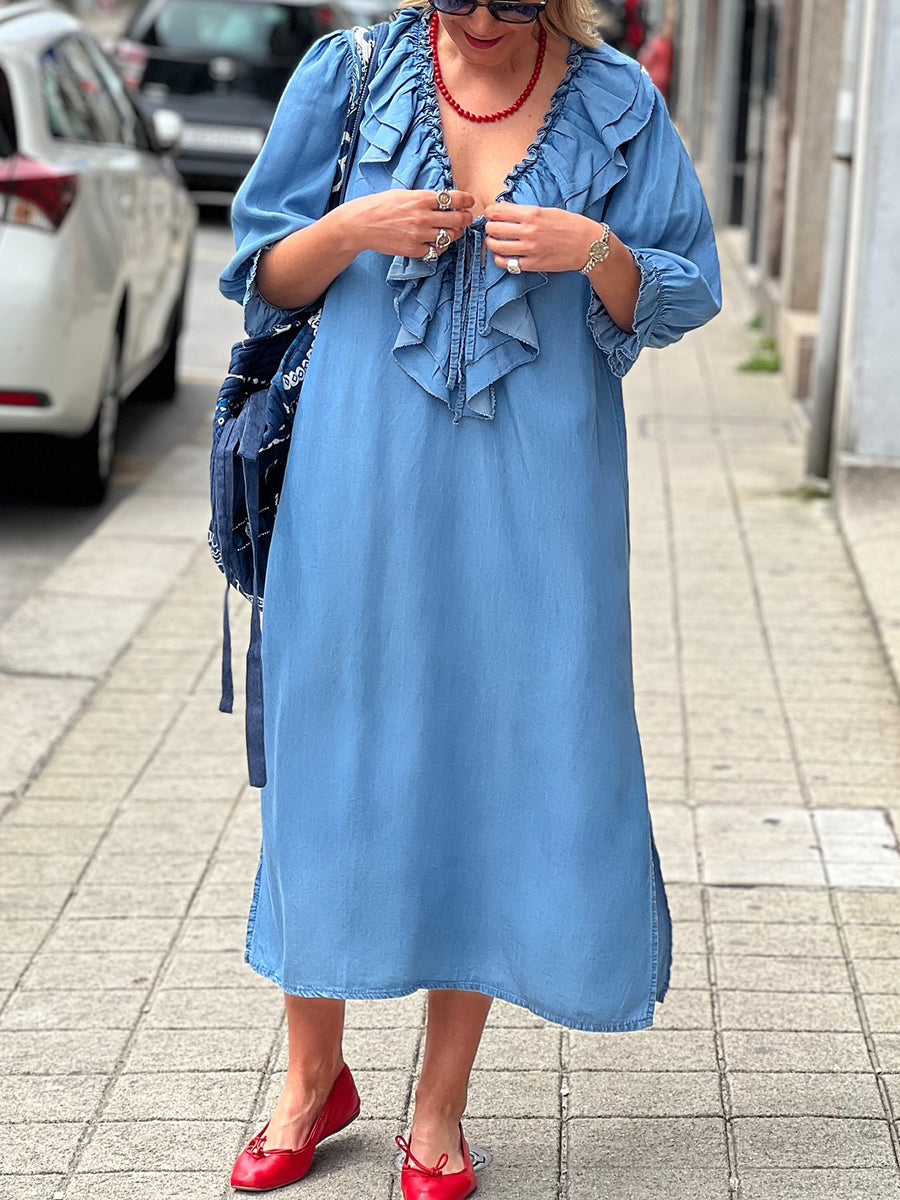 Women's Solid Color Casual Loose Ruffle V-Neck 3/4 Sleeve Cotton Linen Dress