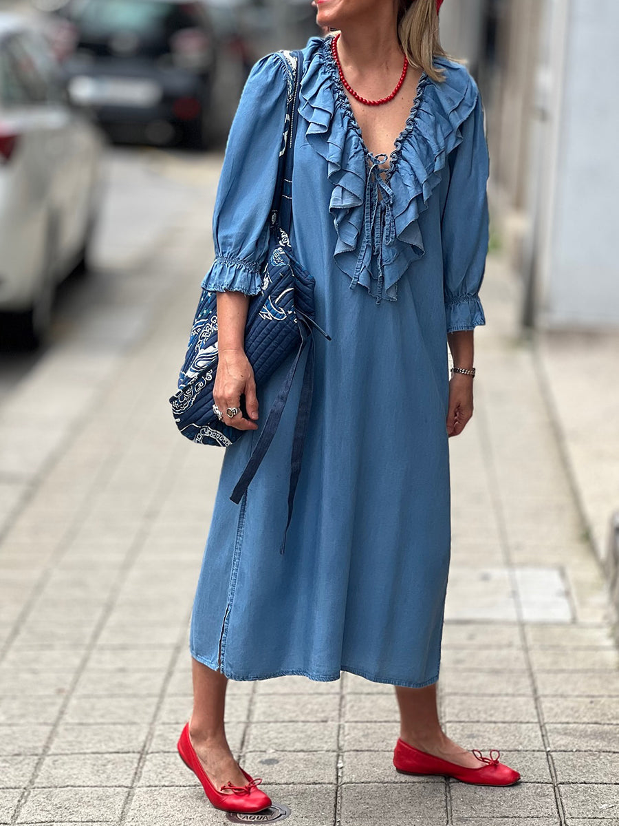 Women's Solid Color Casual Loose Ruffle V-Neck 3/4 Sleeve Cotton Linen Dress