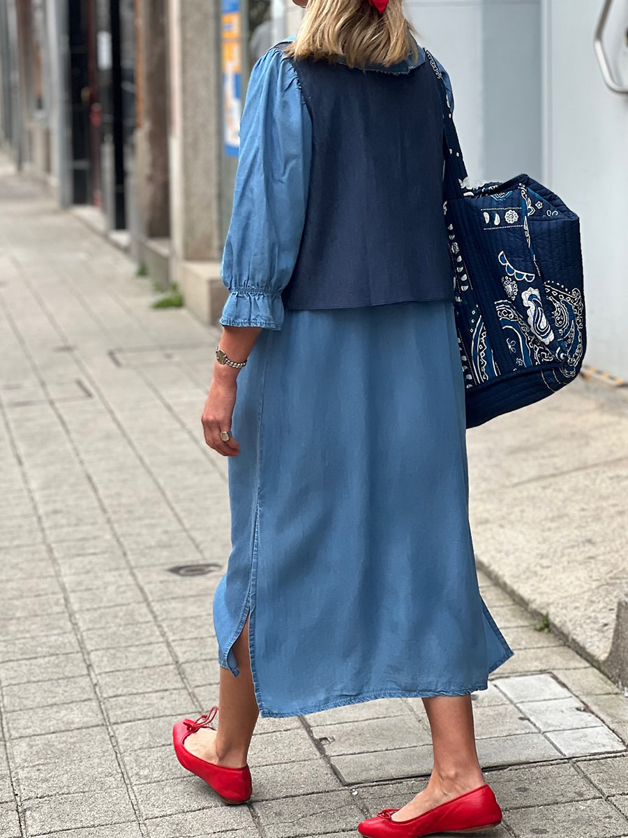 Women's Solid Color Casual Loose Ruffle V-Neck 3/4 Sleeve Cotton Linen Dress