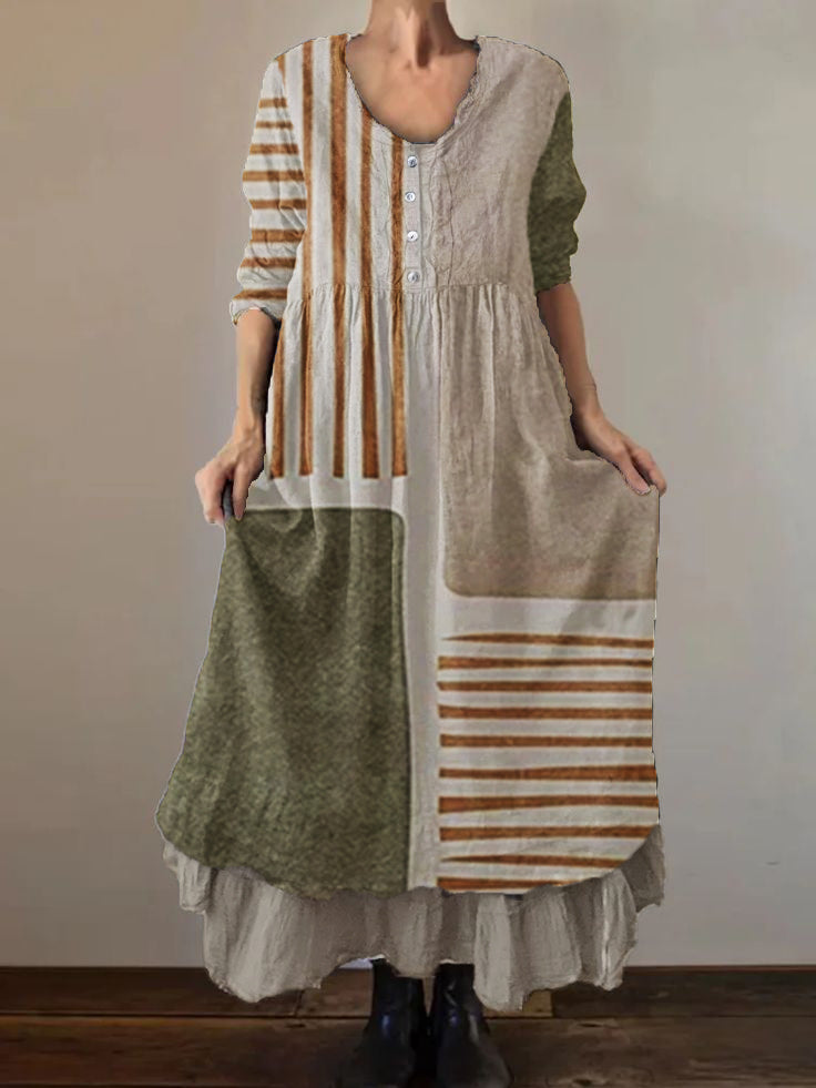 Women's Geometric Art Print Cotton and Linen Double Layer Dress