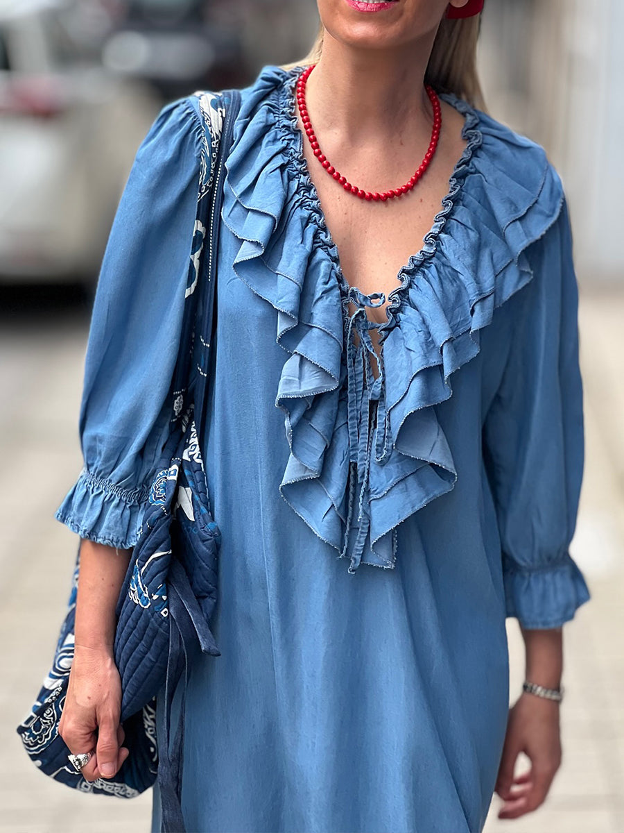 Women's Solid Color Casual Loose Ruffle V-Neck 3/4 Sleeve Cotton Linen Dress
