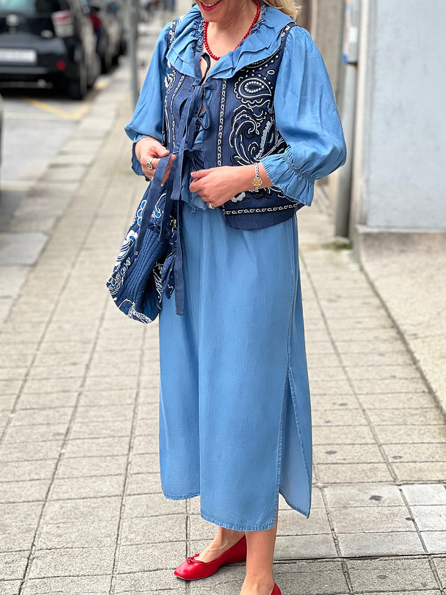 Women's Solid Color Casual Loose Ruffle V-Neck 3/4 Sleeve Cotton Linen Dress