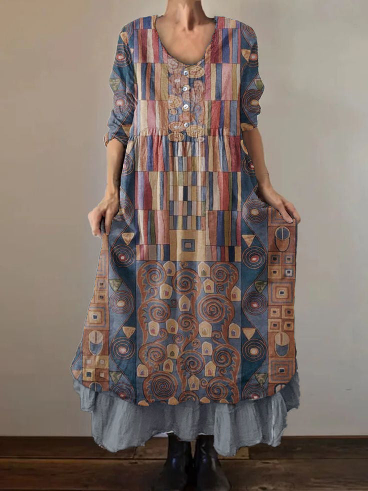 Women's Geometric Art Print Cotton and Linen Double Layer Dress